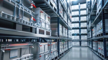 Poster - Long rows of metal shelves in a warehouse storage facility