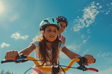 Sticker - A young girl wearing a helmet rides a bike, great for sports or travel imagery