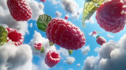 Soft sunlight illuminating a raspberry amidst fluffy clouds.