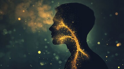 Poster - A person's silhouette is depicted in profile, with their face turned slightly to the right. The figure is outlined in a dark color against a background of dark green and black