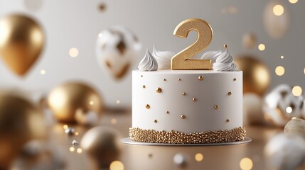 Golden number 2 on white cake with balloons and confetti in background. Celebration event decoration.