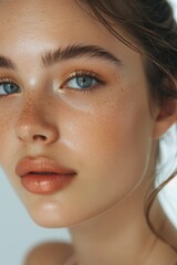 Poster - A close-up portrait of a woman with freckles on her face