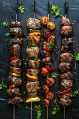 Poster - Barbecue or grill-inspired food image featuring multiple meat skewers served on a dark-colored plate