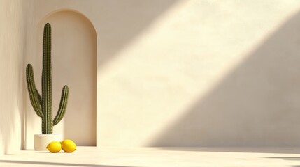 In a dry, arid landscape, a cactus and lime sit on a podium.