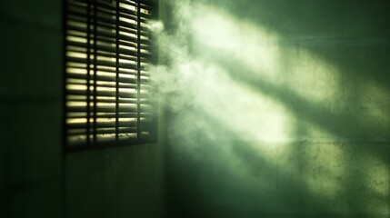 Aufkleber - Sunlight filters through a barred window, casting soft rays across a dim room filled with swirling smoke, creating an atmospheric and moody setting that evokes a sense of mystery and solitude.