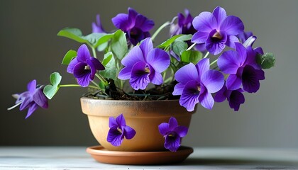 Wall Mural - Vibrant potted purple African violets in full bloom