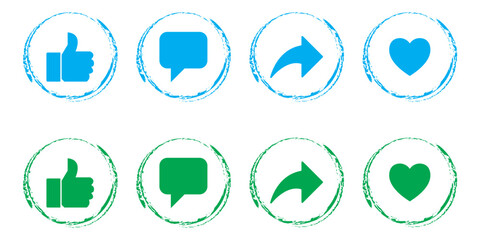 Poster - Facebook Like, Comment, Share icons. Thumbs up, dislike button round set