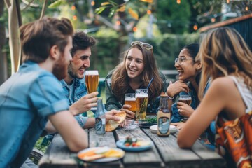 Poster - A group of people gathered around a rustic wooden table, ideal for meetings, gatherings, or parties
