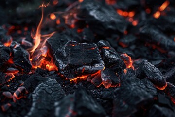 Aufkleber - A close-up shot of a pile of charcoal with flames burning bright, suitable for use in images about camping, outdoor activities or themes of warmth and light