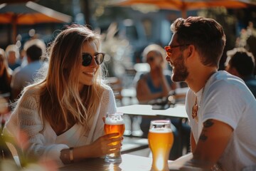 Poster - A man and a woman sit together, laughing and having beers at a table