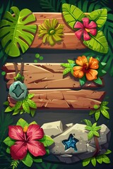 Wall Mural - Decorative wooden boards adorned with fresh flowers and leaves, ideal for home decor or event decoration