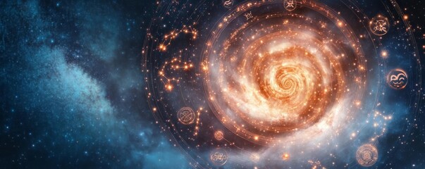 zodiac symbols forming a spiraling galaxy, symbolizing the eternal cycle of the cosmos