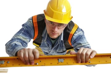 Poster - A worker in a hard hat holds a ruler, likely for construction or measurement purposes