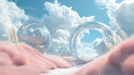 Sticker - Glass Spheres and Ring in a Dreamlike Landscape