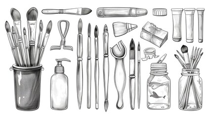 Leinwandbilder - Art supplies, paintbrushes, and storage container
