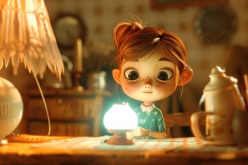 Aufkleber - A young girl sits at a table with a light in her hand, ready for an adventure