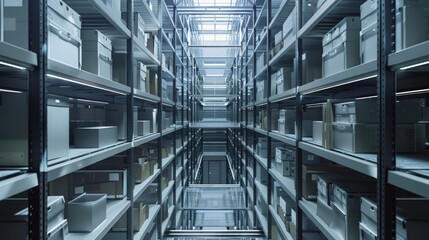 Poster - A cluttered storage room filled with shelves and boxes, perfect for archival or organizational needs