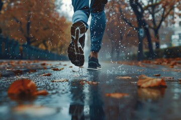 Aufkleber - A person walking in the rain with their shoes on, ideal for scenes of everyday life or weather conditions