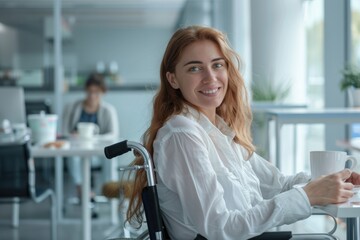 Wall Mural - A person in a wheelchair enjoying a cup of coffee, great for lifestyle and disability awareness images