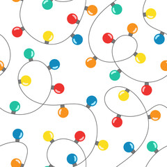 Wall Mural - colorful christmas lights string seamless pattern. glowing light bulb isolated on white. winter holi