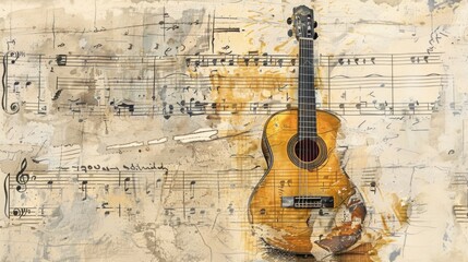 Poster - A guitar placed on a sheet of music, great for representing creativity and inspiration