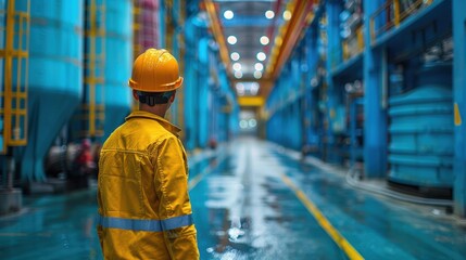 Worker in a yellow safety jacket and helmet observing a clean, industrial facility during daytime