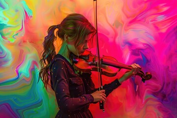 Poster - A woman plays the violin in front of a vibrant background