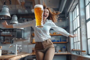 Canvas Print - A person jumping in mid-air while holding a glass of beer, perfect for party or celebration scenes