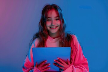 Aufkleber - A young woman holds a blue laptop while wearing a pink shirt, ideal for illustrations of technology or fashion