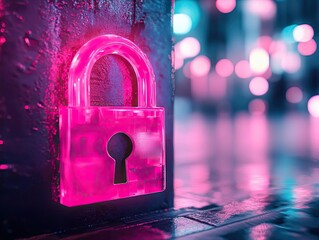 Wall Mural - neon pink padlock with glowing keyhole cyberpunk cityscape reflection