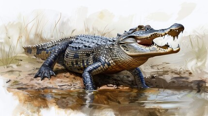 A large alligator with its mouth open, showing its sharp teeth, is standing in the water, its body is brown and its tail is long.