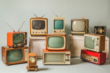 Poster - A collection of old television sets stacked on top of each other, great for nostalgic or retro-themed designs