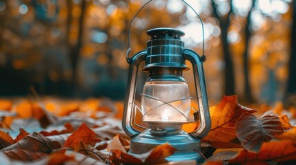 Poster - A vintage lantern glowing in an autumn forest