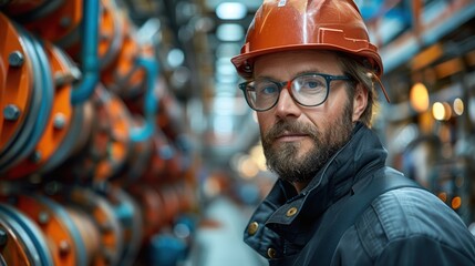 Worker in safety helmet stands in industrial facility surrounded by equipment