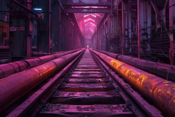 Wall Mural - Industrial railway track with pipes in a factory environment under purple and orange lights. Factory interior with rails and pipelines. Industrial and infrastructure concept.