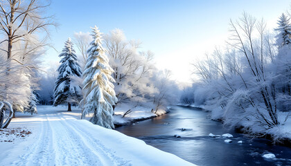 Wall Mural - winter park, snow-covered trail above the river, some beautiful trees along the river isolated with white highlights, png