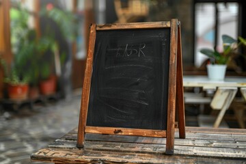 Canvas Print - A chalkboard sitting on a wooden table, ideal for writing notes or creating art