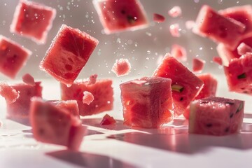 Fresh watermelon cubes suspended in mid-air