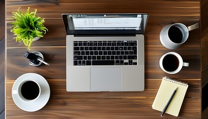 Modern home office desk arrangement featuring a laptop, coffee cup, and notepad for a productive workspace ambiance