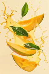 Aufkleber - Fresh sliced mango with green leaves and a splash of orange juice on the side