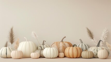 Canvas Print - Fresh pumpkins arranged on a table, perfect for fall decor or harvest theme