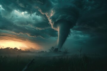 Wall Mural - a swirling tornado forms over an open agricultural field, ready to cause destruction