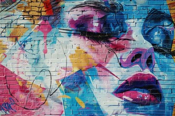 Canvas Print - A close-up image of a woman's face painted on a brick wall