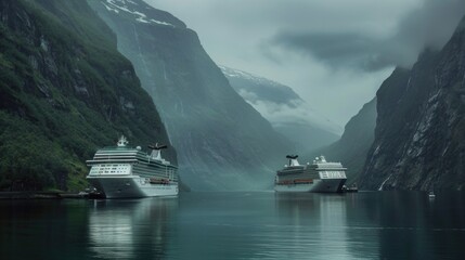 Poster - Two cruise ships sailing at sea with distant mountains visible in the background