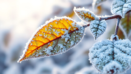 Wall Mural - First frost. Frost on the leaves. Winter frosty abstract natural background isolated with white highlights, png