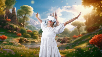 Wall Mural - Smiling woman looking by VR surround wonderful fairytale forest wonderland in bokeh neon falling at castle meta world like mystery magic greenery fantasy town imaginary bright sun light. Contraption.