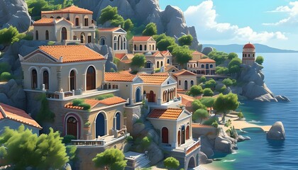 Wall Mural - Enchanting ancient Greek coastal town in an animated fantasy style showcasing timeless architecture and vibrant landscapes