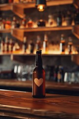 Poster - A bottle of beer sitting on top of a wooden bar, perfect for pub or restaurant use