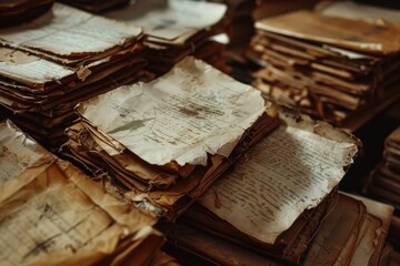 Poster - A stack of vintage books sitting on a wooden table, perfect for decorating an office or library