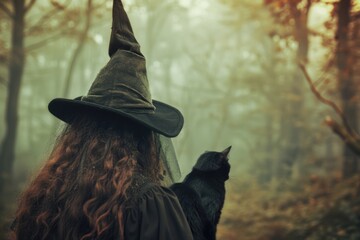 A woman wearing a traditional witch's hat holds a black cat, a common symbol of good luck